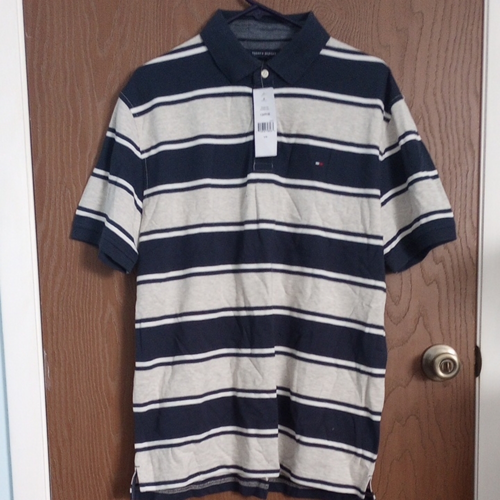 Tommy Hilfiger Men's Polo in Navy and Cream Stripes Size L NWT
